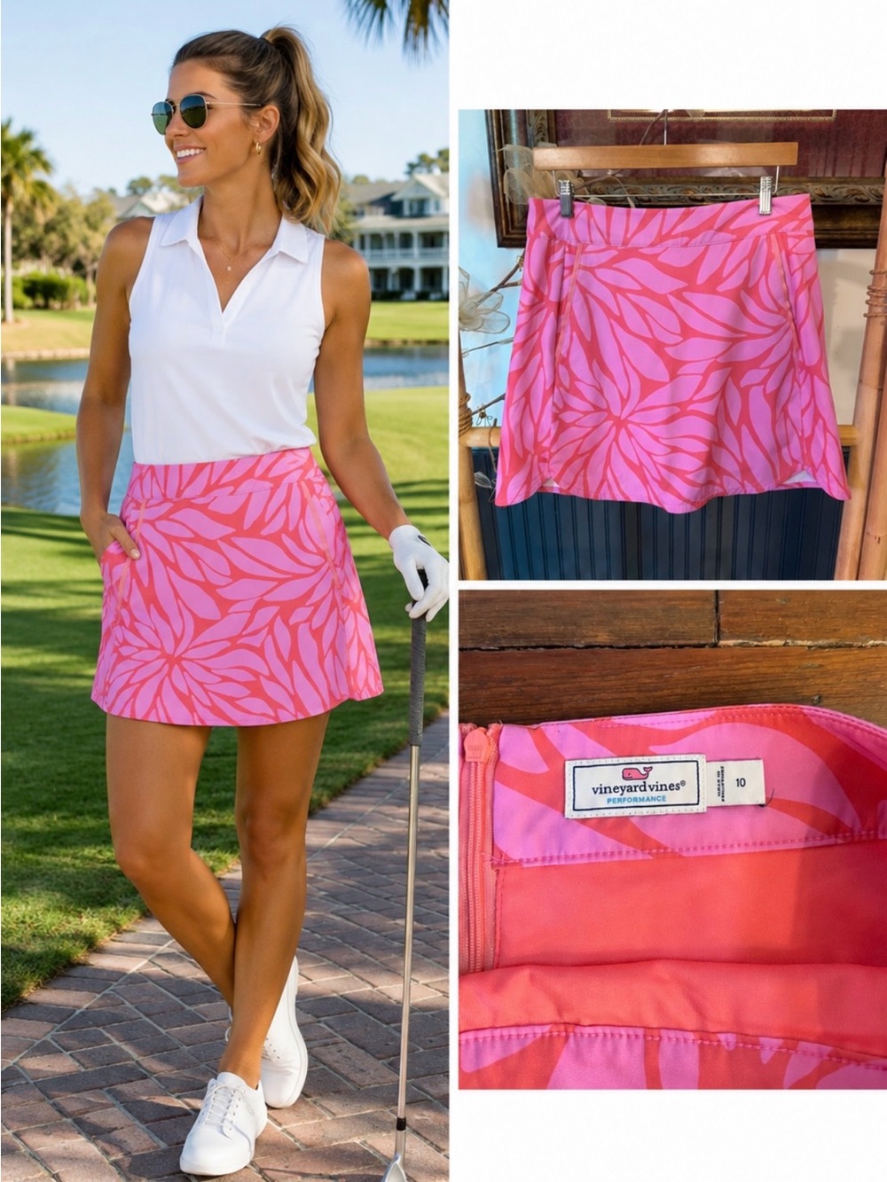 Vineyard Vines Passion Fruit Bloom Golf Performance Skort Pink Sz 10 💛🍄